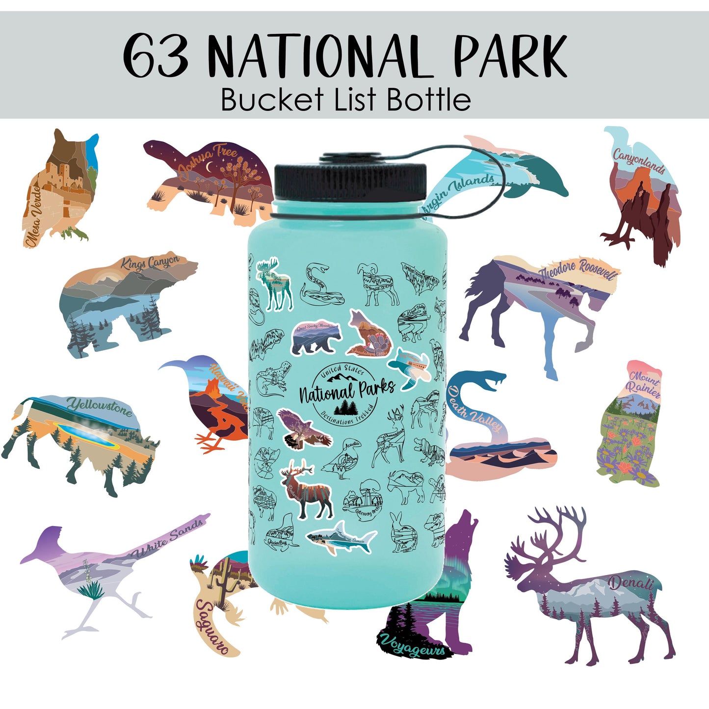 National Park water bottle with stickers, Glow in the Dark bottle, National Park bucket list, Nalgene 32 oz, hiking, Water bottle tracker