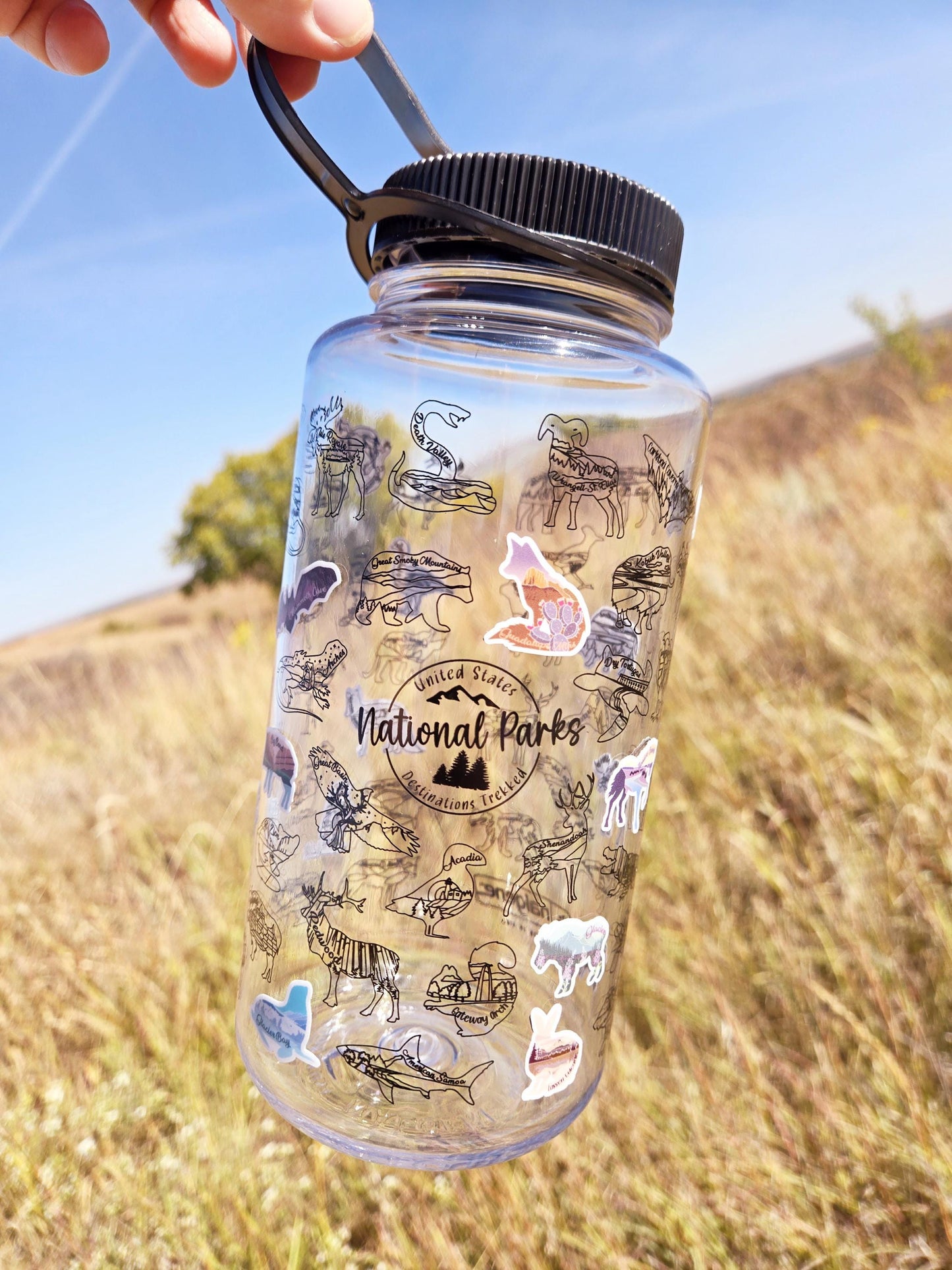 National Park Bucket List with stickers, National Park water bottle, Clear Nalgene 32 oz, Water bottle tracker, Places Traveled, hiking gift
