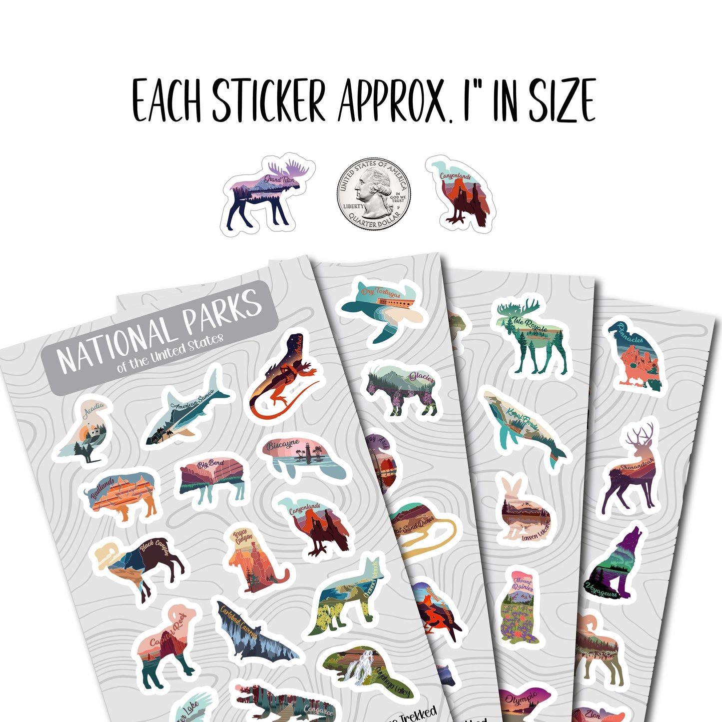 63 National Park sticker sheet set, Wildlife National park stickers, Travel Planner, Bucket List Water Bottle vinyl sticker, Waterproof