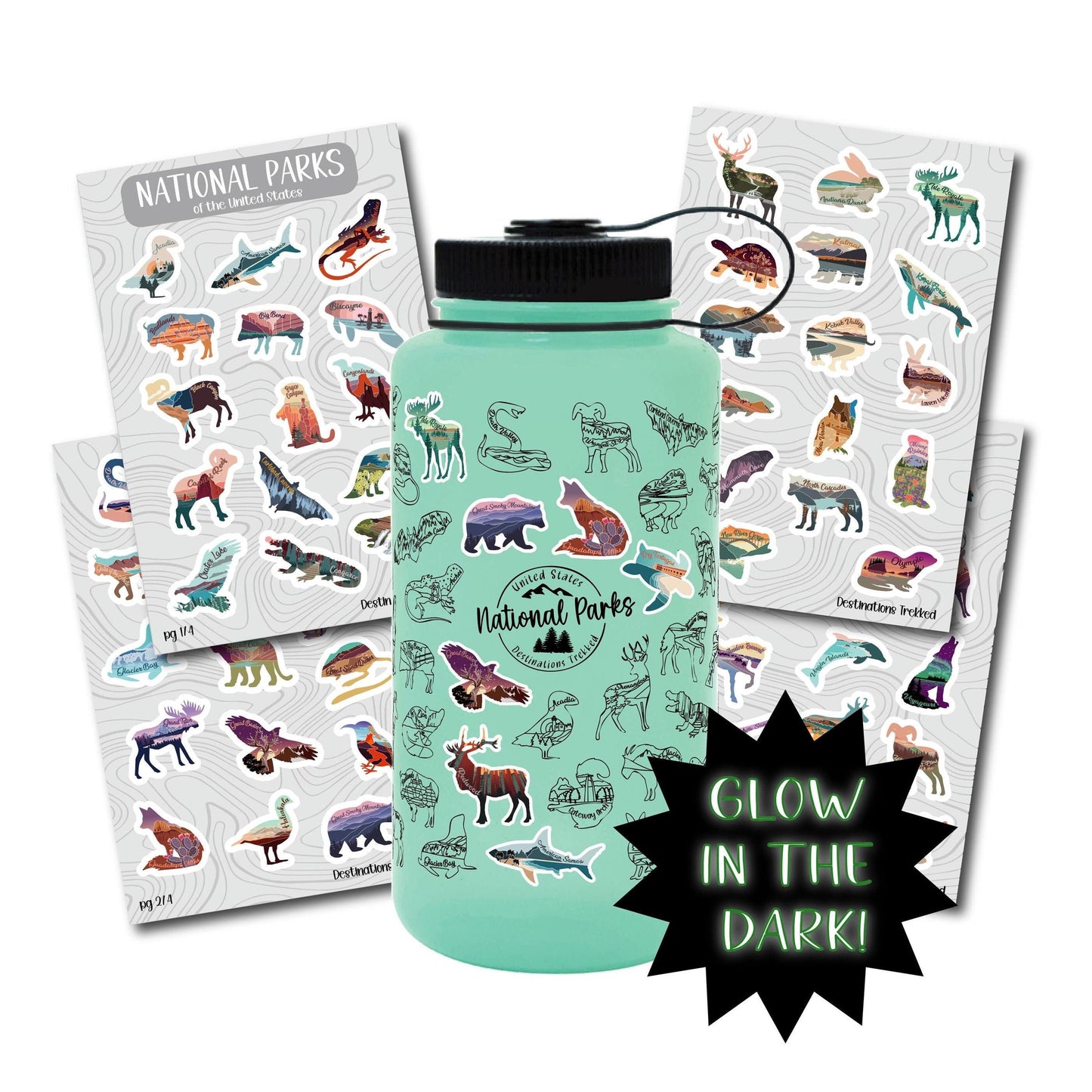 National Park water bottle with stickers, Glow in the Dark bottle, National Park bucket list, Nalgene 32 oz, hiking, Water bottle tracker