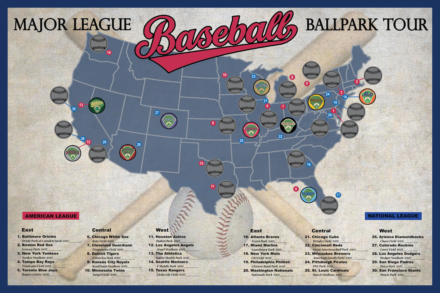 Pro Baseball Stadium Scratch Off Tour Map; Ballpark Stadium Tracker checklist 12x18