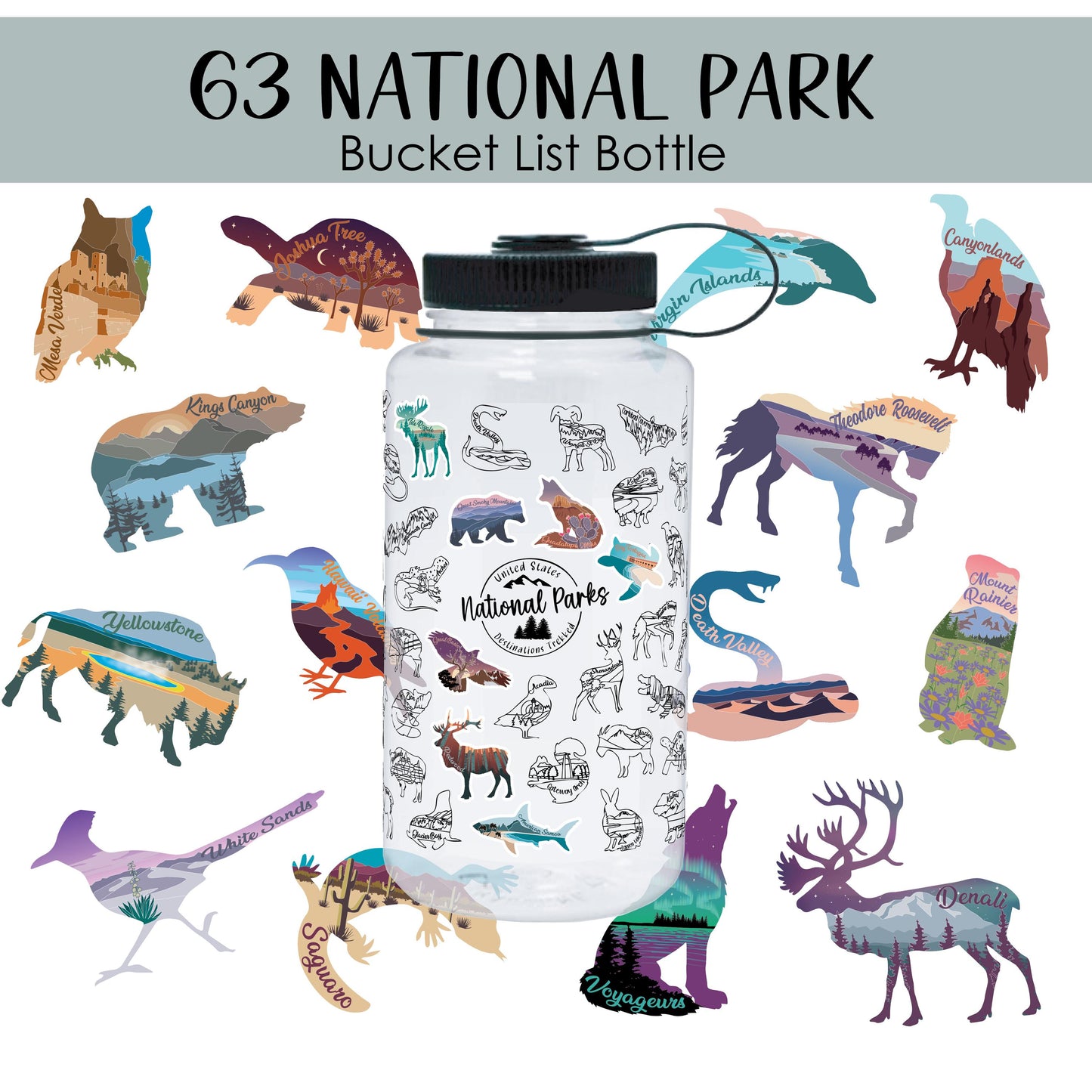 National Park Bucket List with stickers, National Park water bottle, Clear Nalgene 32 oz, Water bottle tracker, Places Traveled, hiking gift