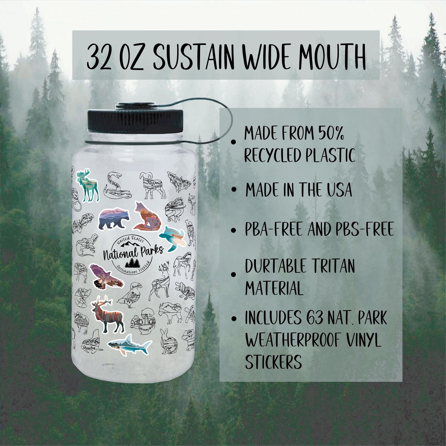 National Park water bottle with stickers, Glow in the Dark bottle, National Park bucket list, Nalgene 32 oz, hiking, Water bottle tracker