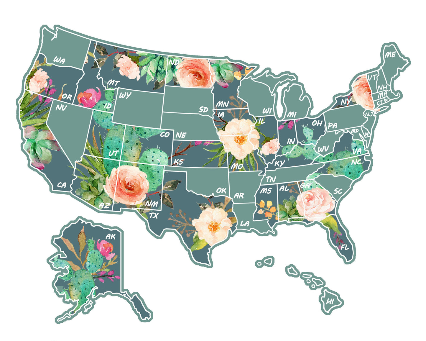 8x10 Cactus Print Scratch Off U.S. Map, Camper/RV/Desk size