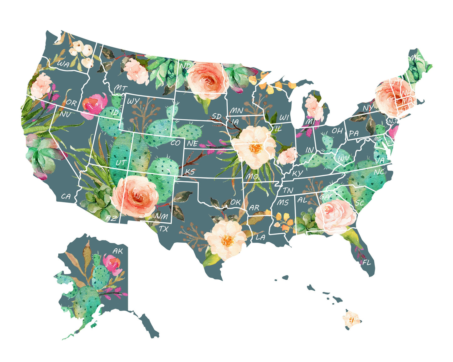 8x10 Cactus Print Scratch Off U.S. Map, Camper/RV/Desk size