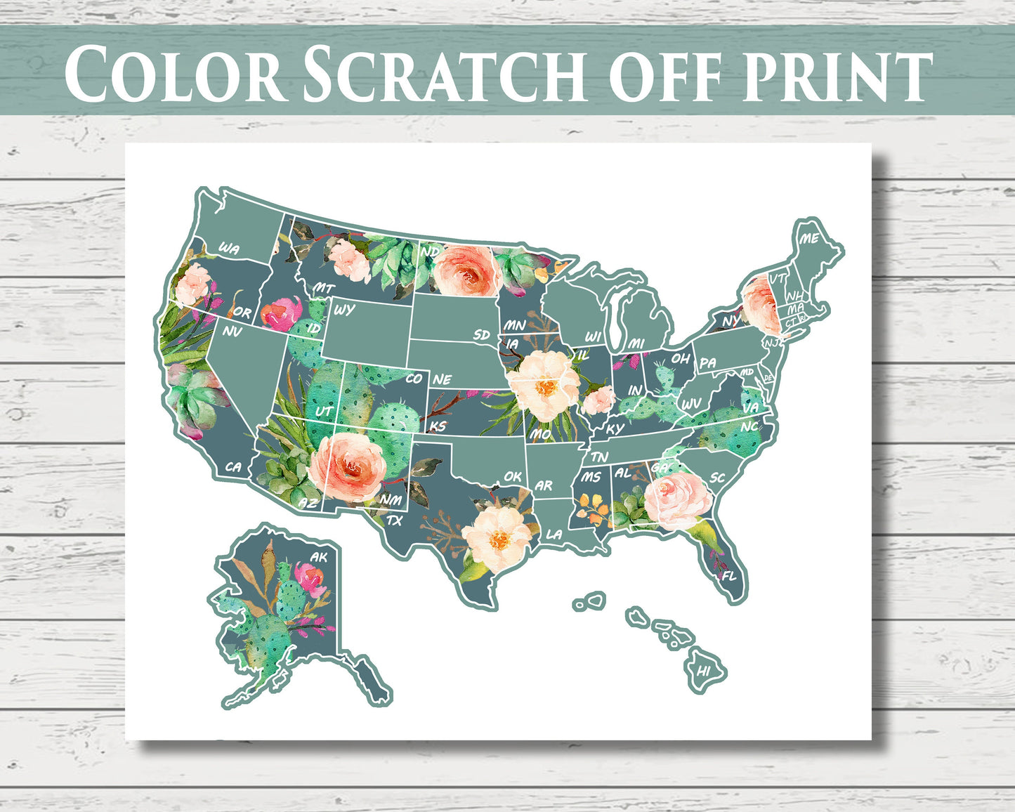 8x10 Cactus Print Scratch Off U.S. Map, Camper/RV/Desk size