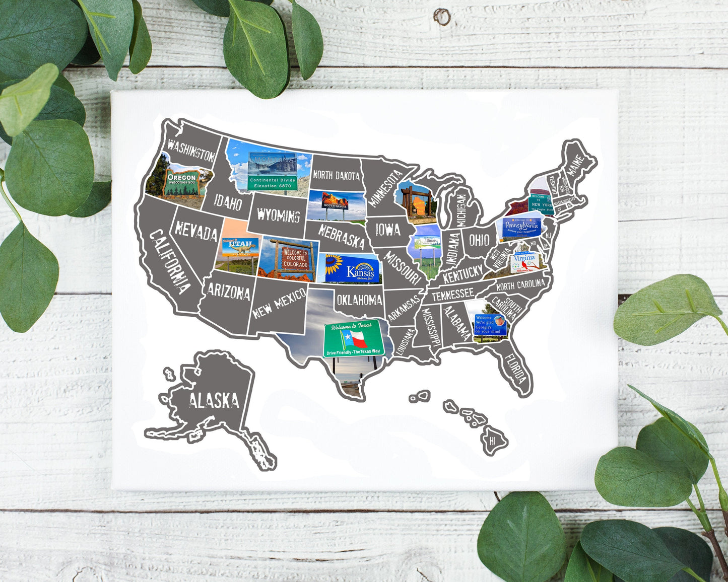 State Border Signs Scratch Off Map; State Welcome Signs of United States travel poster