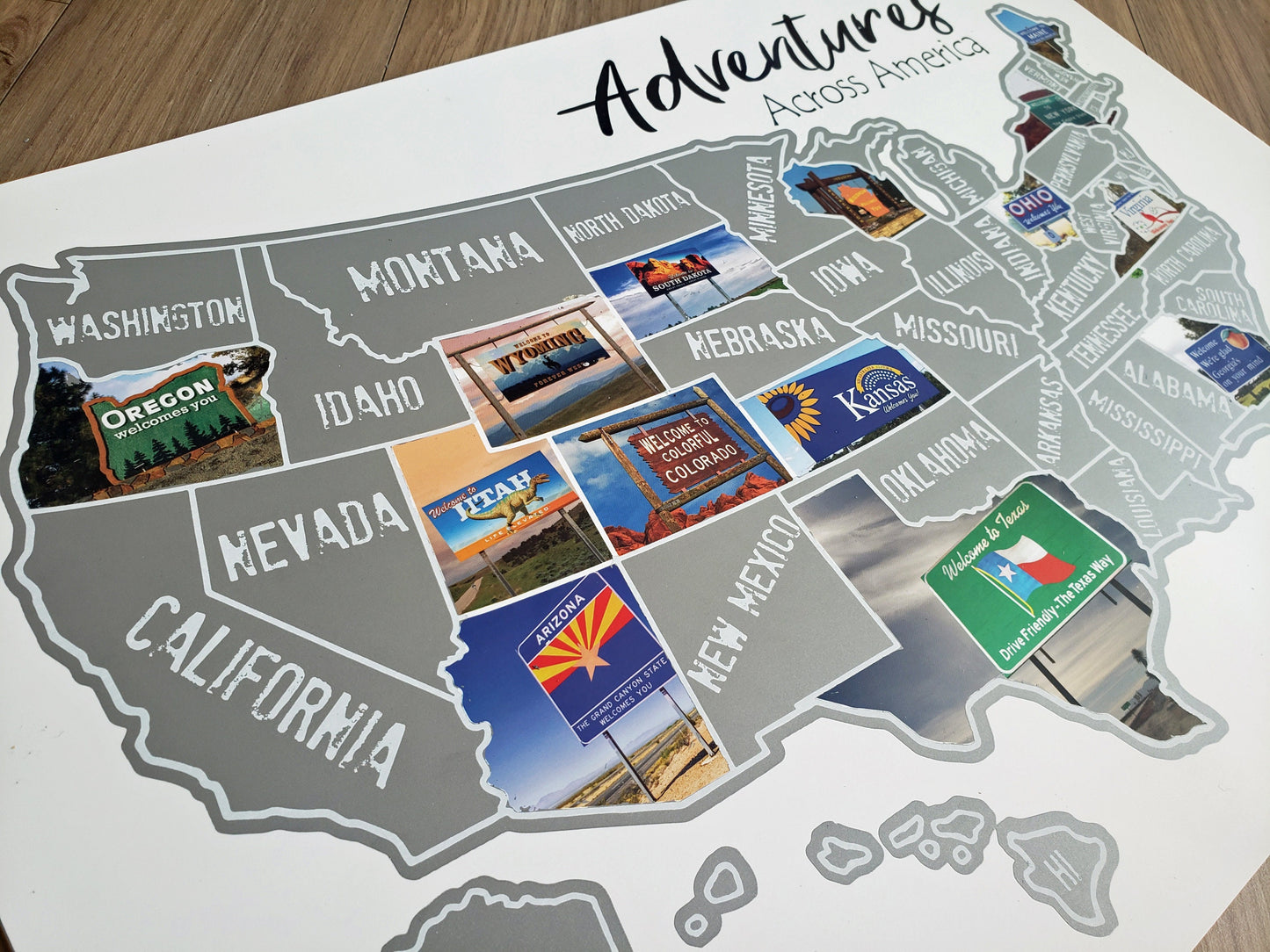 State Border Signs Scratch Off Map; State Welcome Signs of United States travel poster