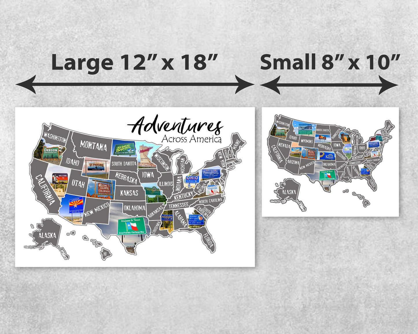 State Border Signs Scratch Off Map; State Welcome Signs of United States travel poster