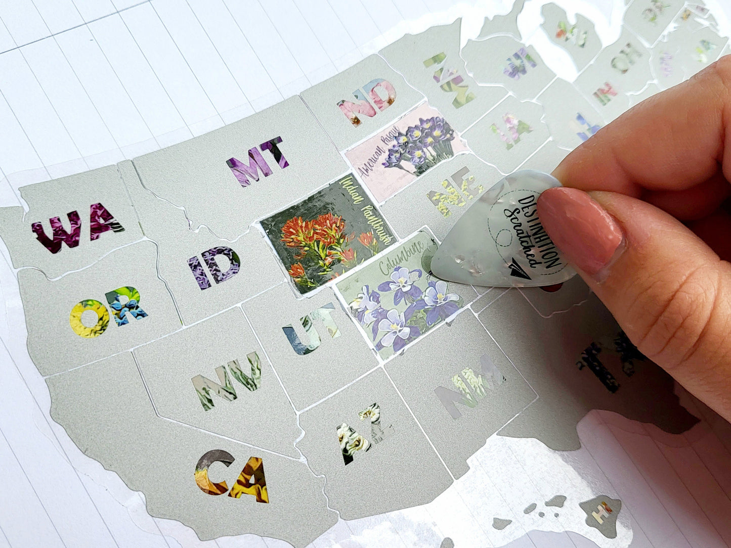 Transparent Scratch Off Sticker Map; USA Vinyl Decal; State Flower Map, Decal Map; Planner Sticker