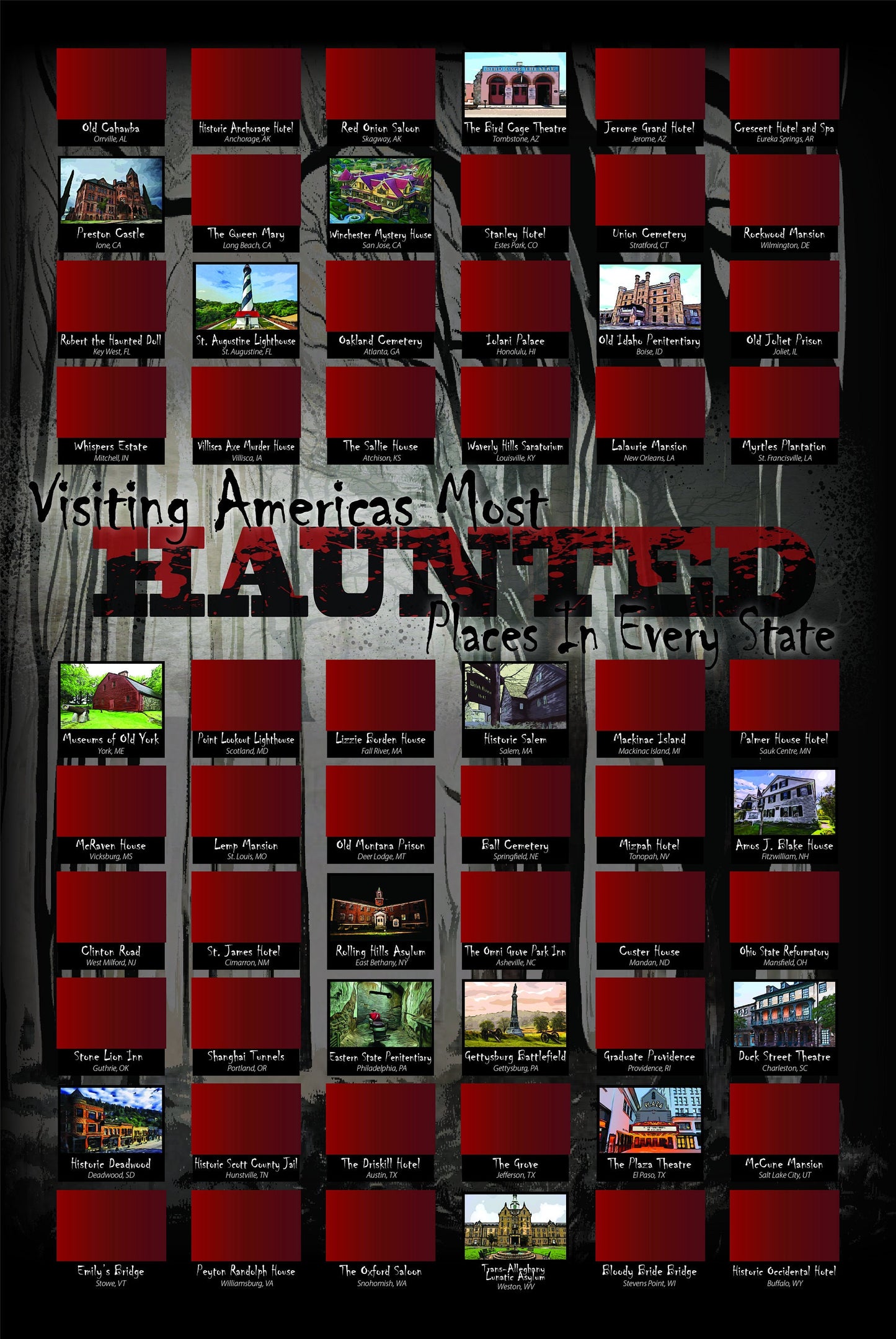 Scratch off Most Haunted Places in the US, Scary Places to Visit, Haunted Bucket List 12x18