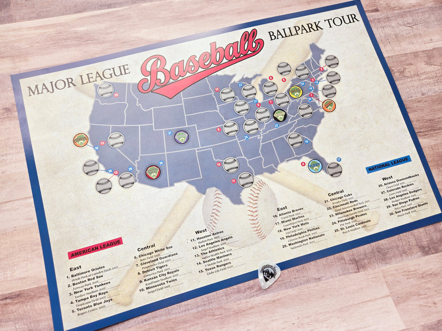 Pro Baseball Stadium Scratch Off Tour Map; Ballpark Stadium Tracker checklist 12x18