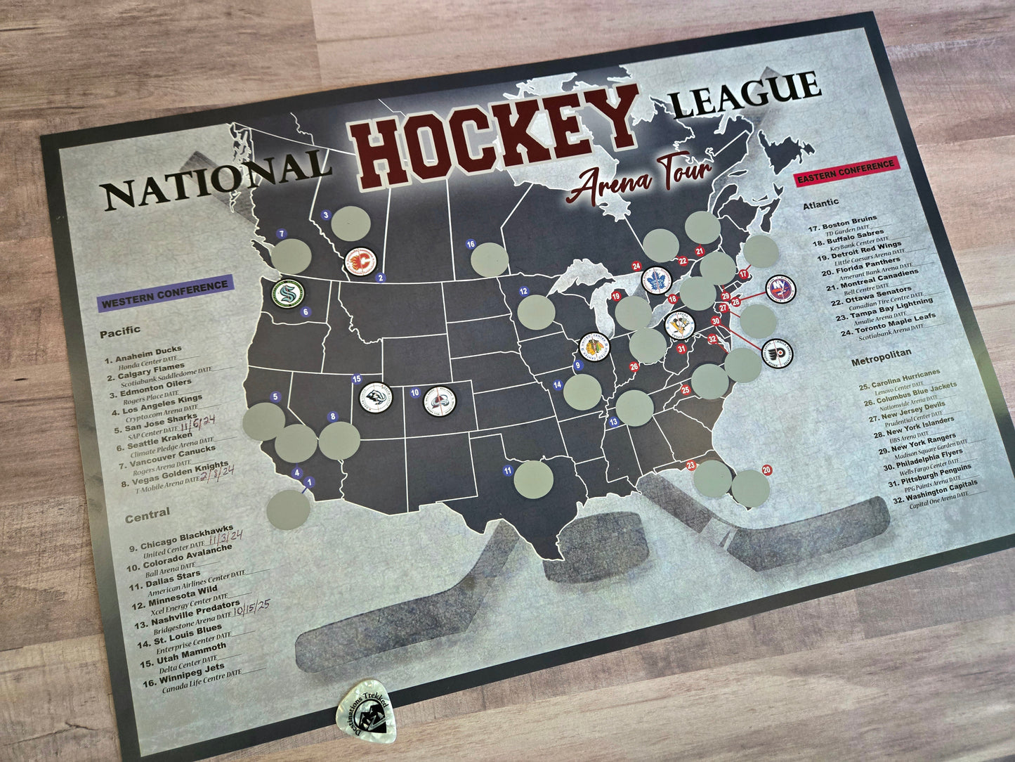Pro Hockey Arena scratch off map, Hockey bucket list Poster, 12x18