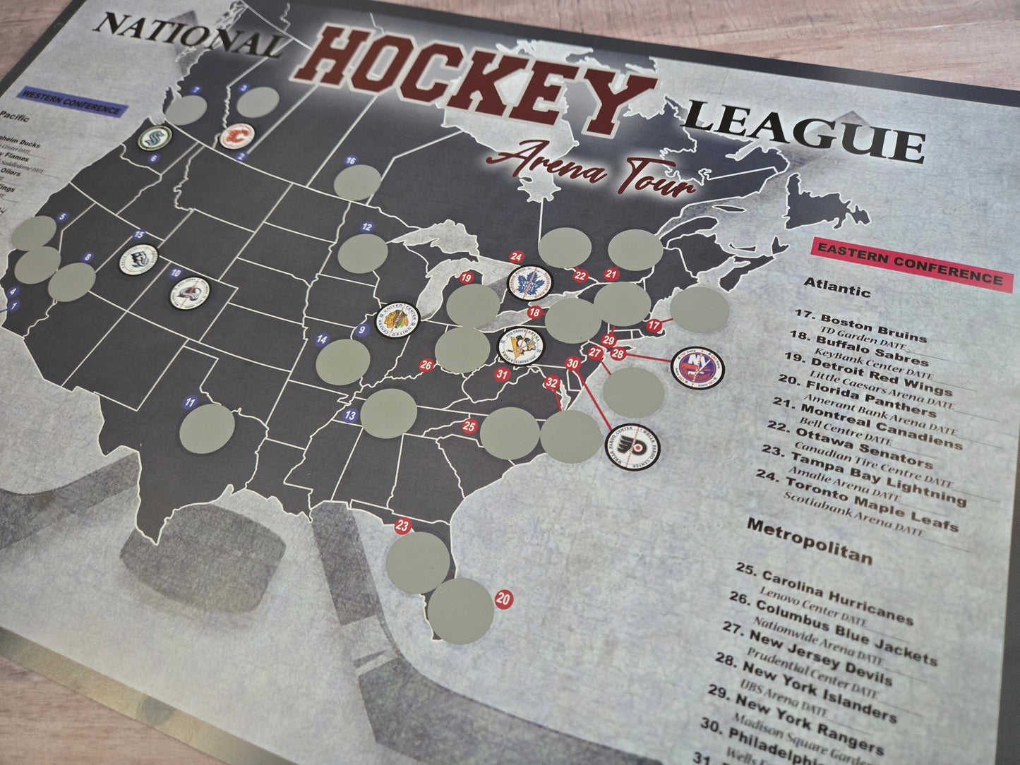 Pro Hockey Arena scratch off map, Hockey bucket list Poster, 12x18