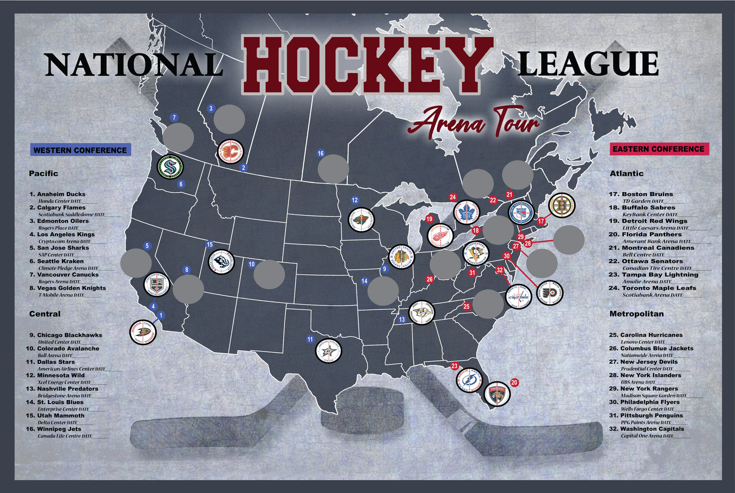 Pro Hockey Arena scratch off map, Hockey bucket list Poster, 12x18