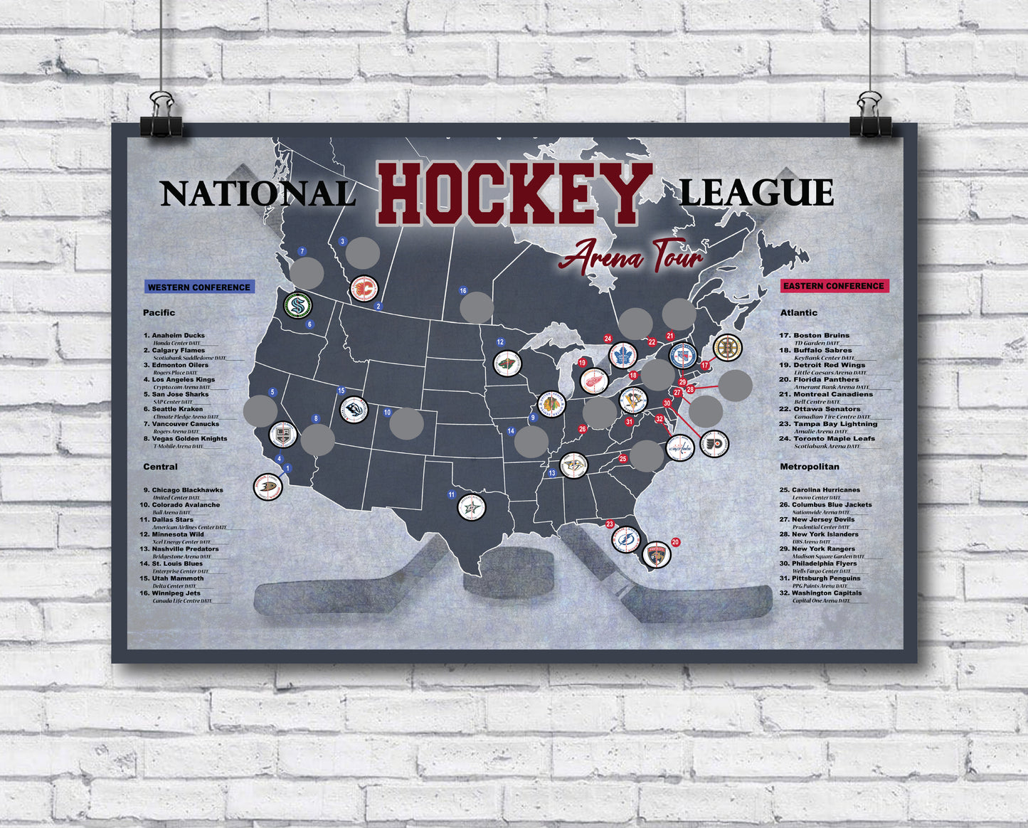 Pro Hockey Arena scratch off map, Hockey bucket list Poster, 12x18