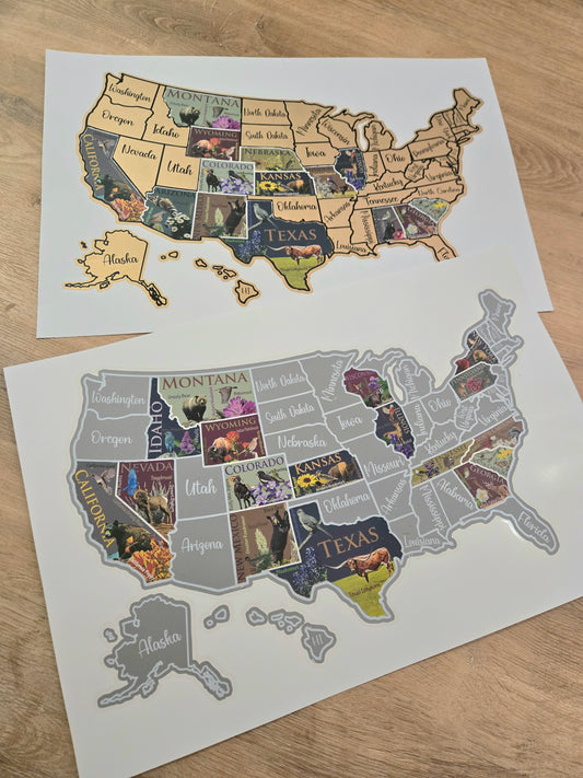 USA Scratch Off Map; State Symbols map; United States Poster