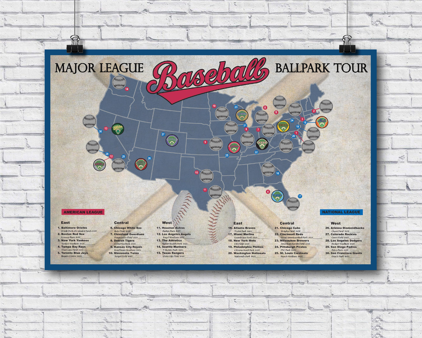 Pro Baseball Stadium Scratch Off Tour Map; Ballpark Stadium Tracker checklist 12x18