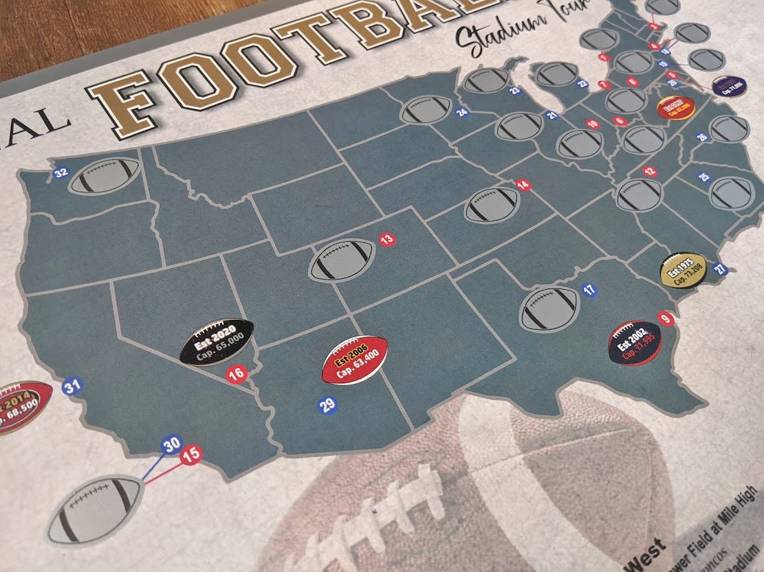 Pro Football stadium scratch off map, Football stadium bucket list tracker, 12x18