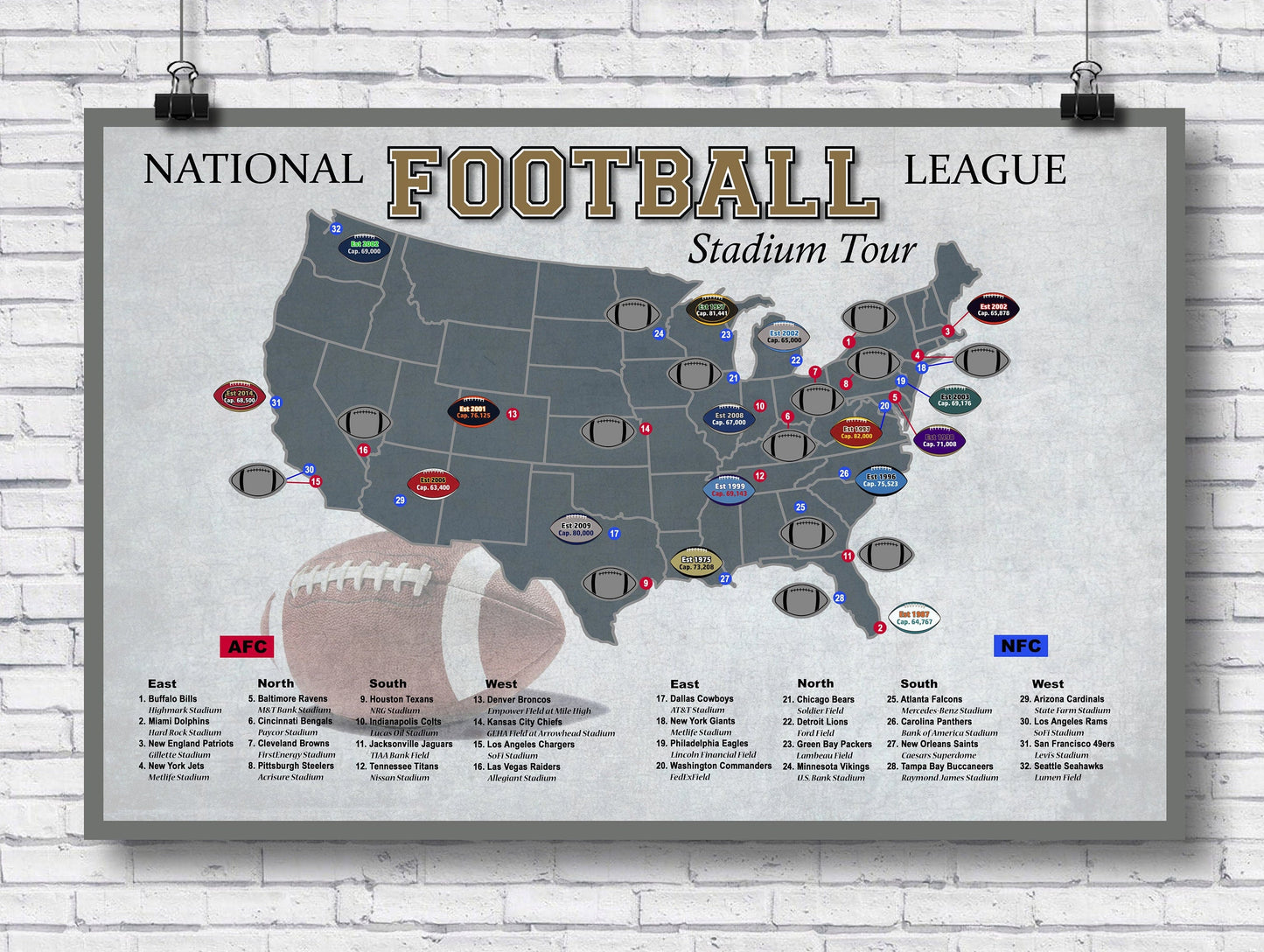 Pro Football stadium scratch off map, Football stadium bucket list tracker, 12x18