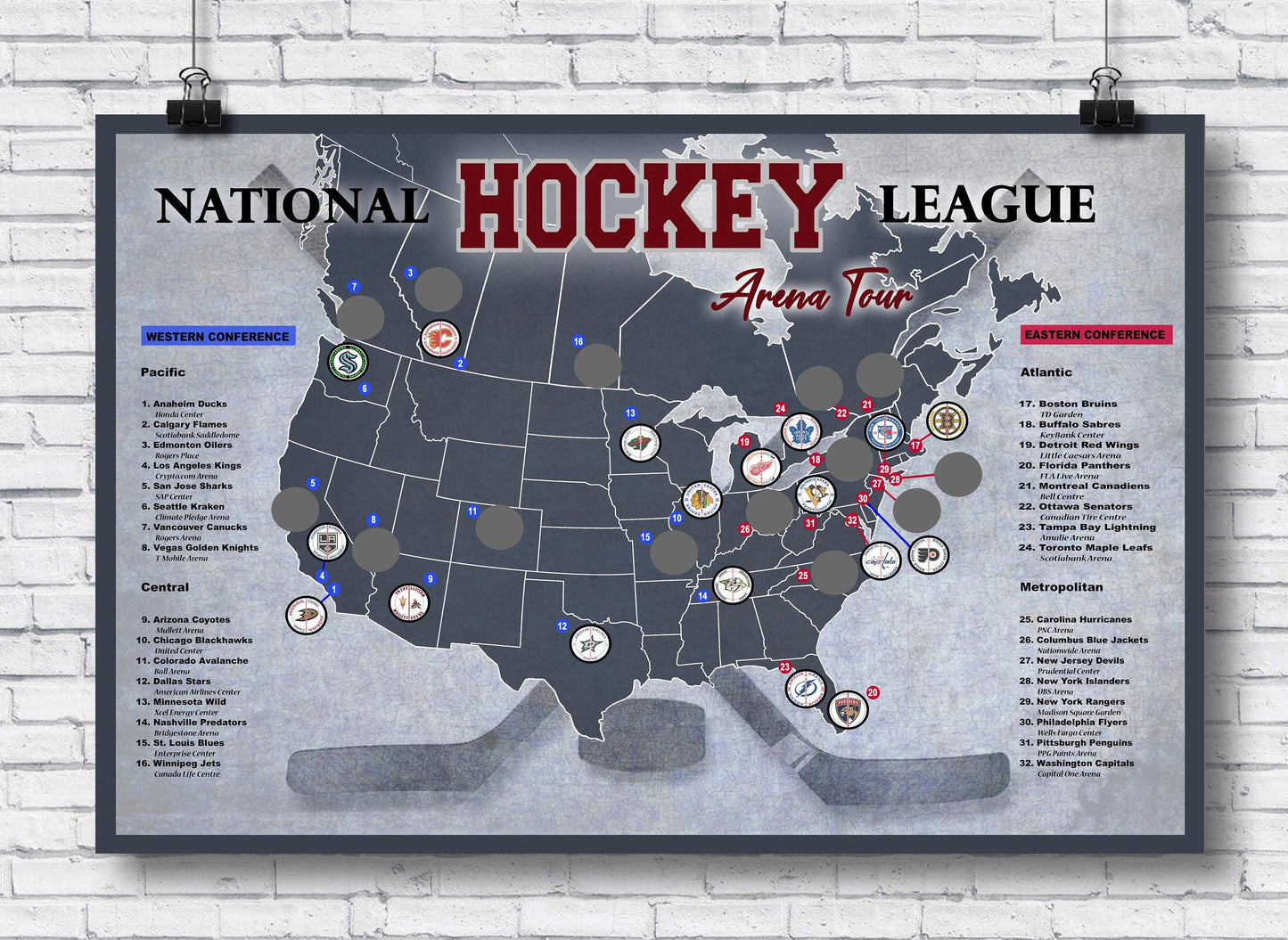 Pro Hockey Arena scratch off map, Hockey bucket list Poster, 12x18
