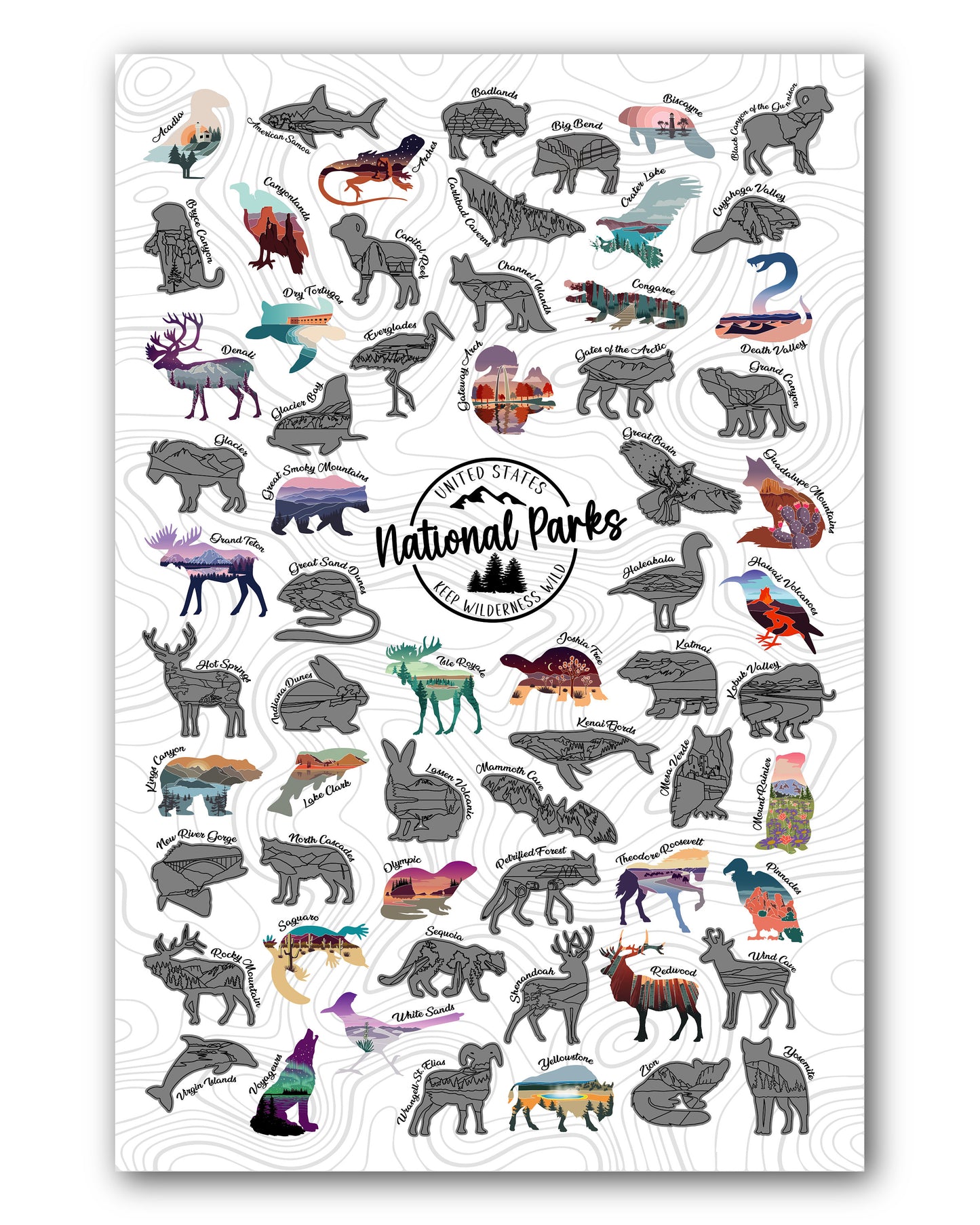 US National Park Scratch Off poster, Wildlife Silhouette National Parks, 12x18