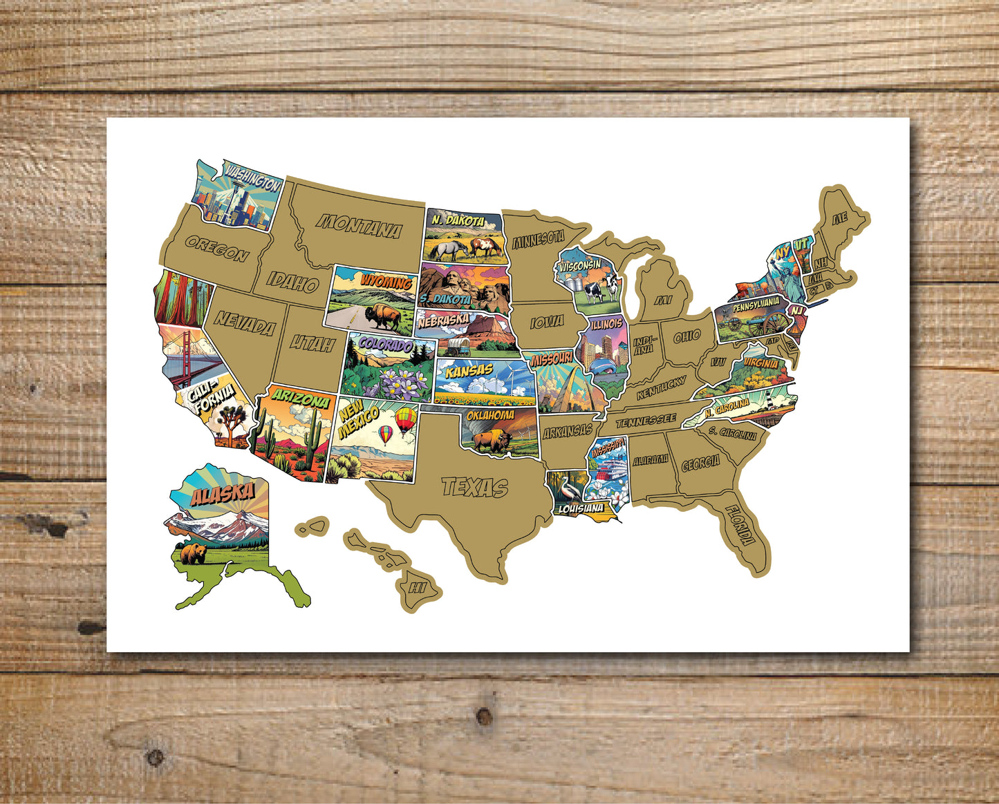 U.S. 50 States Scratch Off Map, Comic Book Illustrations of the United States