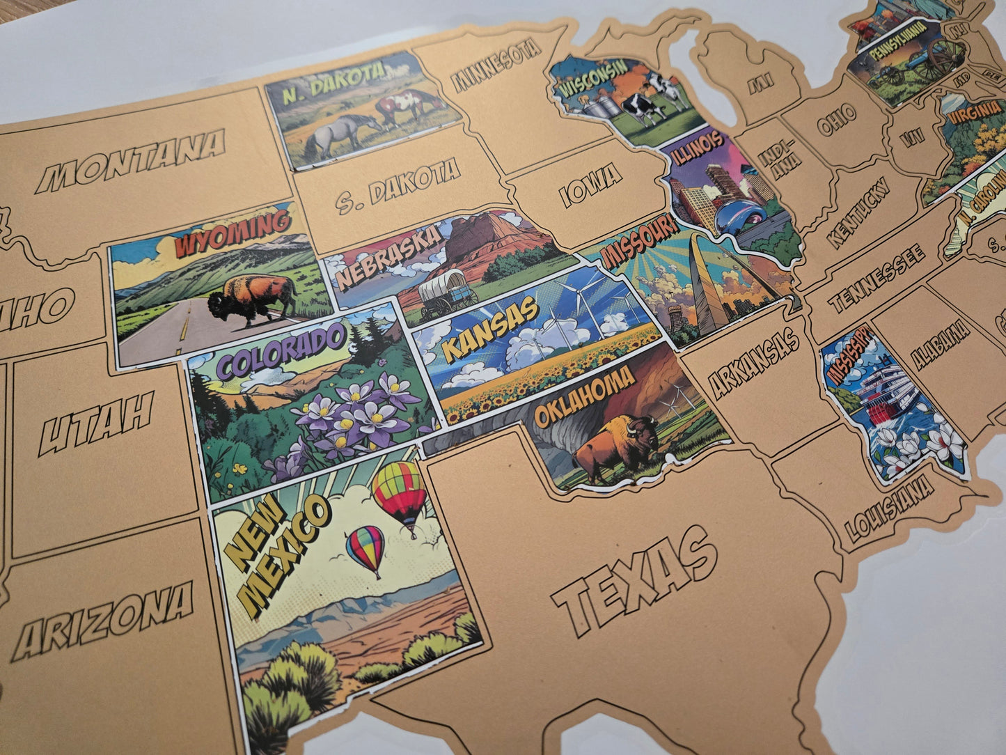 U.S. 50 States Scratch Off Map, Comic Book Illustrations of the United States