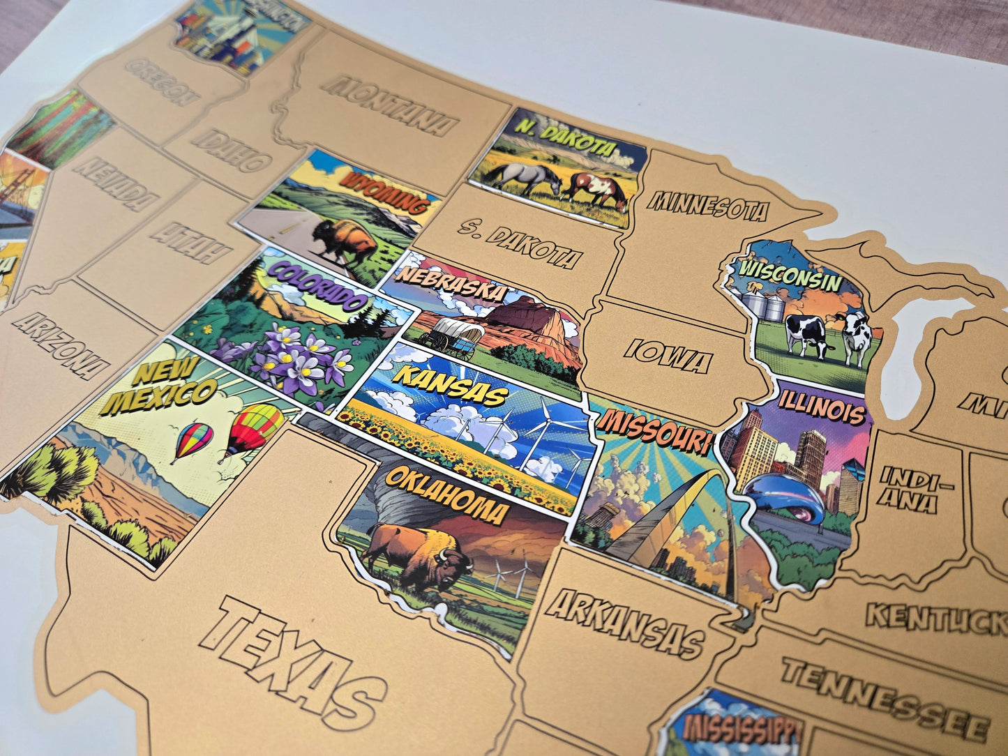 U.S. 50 States Scratch Off Map, Comic Book Illustrations of the United States